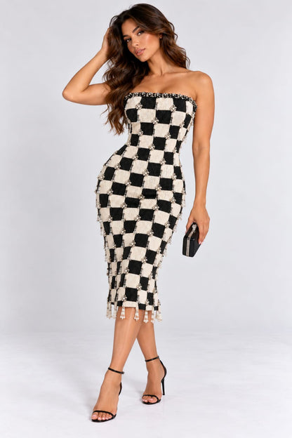 Pearl Checkered Strapless Dress