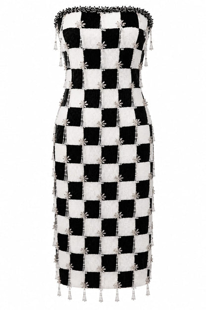 Pearl Checkered Strapless Dress